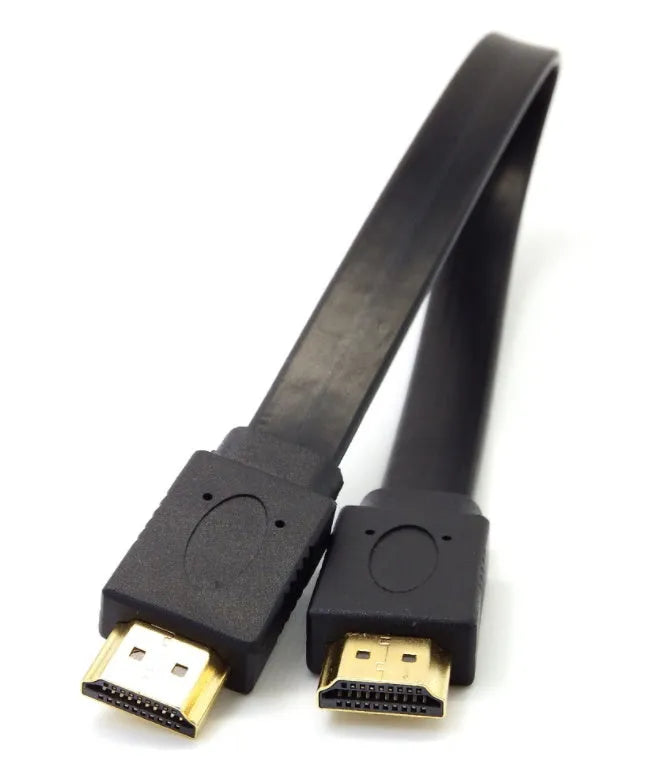 Flat black HDMI cable with male connectors, shown at various lengths from 0.3m to 10m.