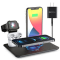 Black desktop wireless charging station for phone, smartwatch and headphones showing multiple charging bays