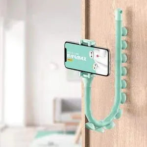 Flexible black phone holder with bendable arm and suction cup mount showing 360-degree rotation
