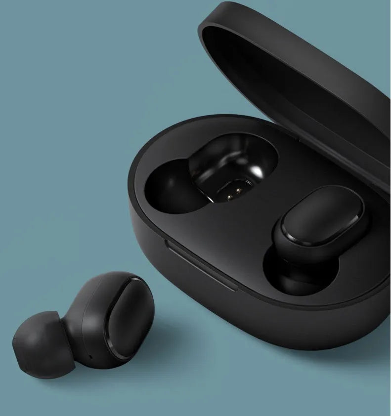 Black Redmi AirDots 2 true wireless Bluetooth earphones with charging case.
