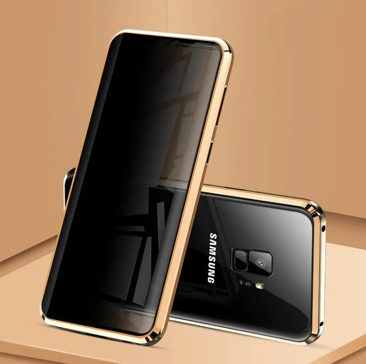 Black anti-peeping magnetic clamshell phone case for Samsung Galaxy smartphones shown closed.