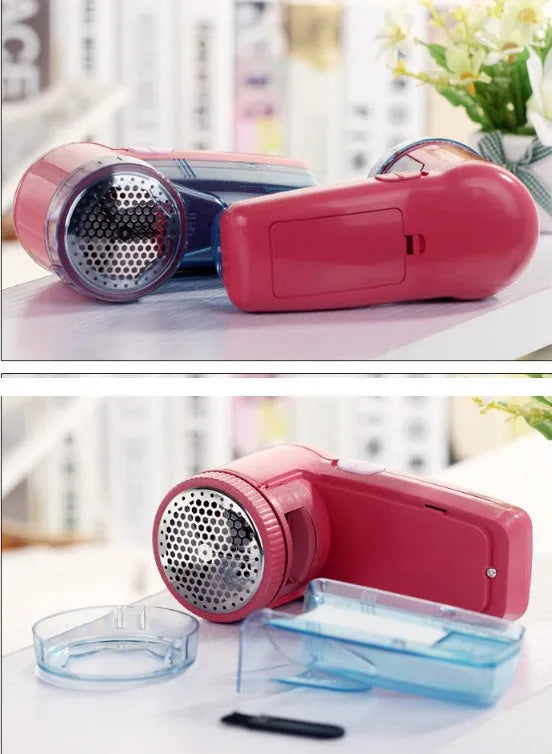Portable electric clothing lint remover showing compact white body and shaving head