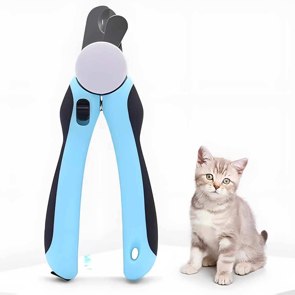 Blue heavy-duty dog nail clippers with a visible safety guard on a white background.