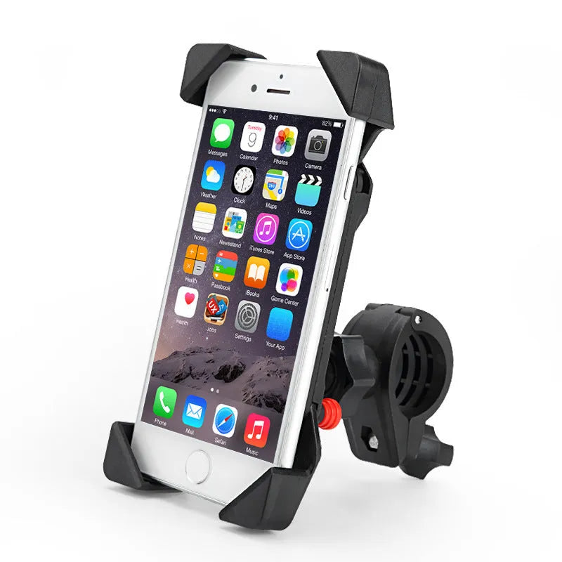 Black ABS motorcycle phone holder with USB charging cable mounted on handlebar