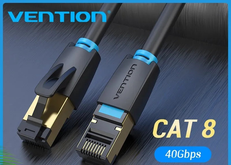 CAT8 shielded Ethernet cable with RJ45 connectors, shown in flat and round styles, for 10G gaming and network use.