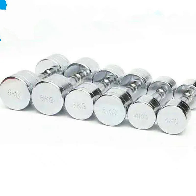 Silver pure steel dumbbell with ergonomic handle on a plain background