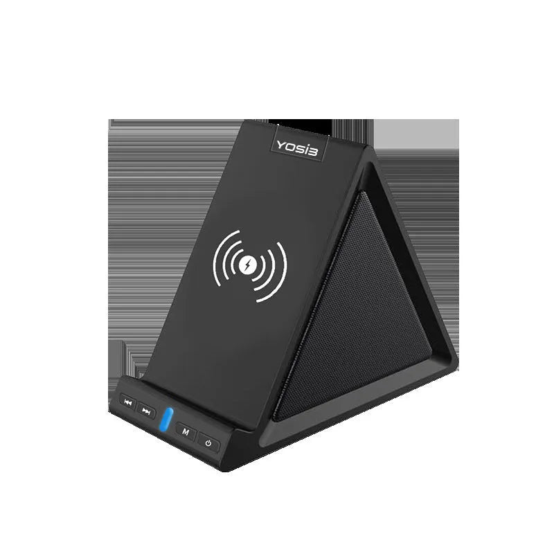 Black multifunctional Bluetooth speaker with integrated phone stand and wireless charging, 165mm width