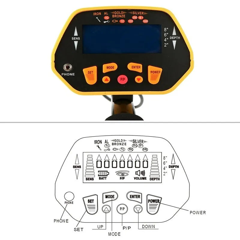 GC1028 professional metal detector with black and yellow colouring and LCD display