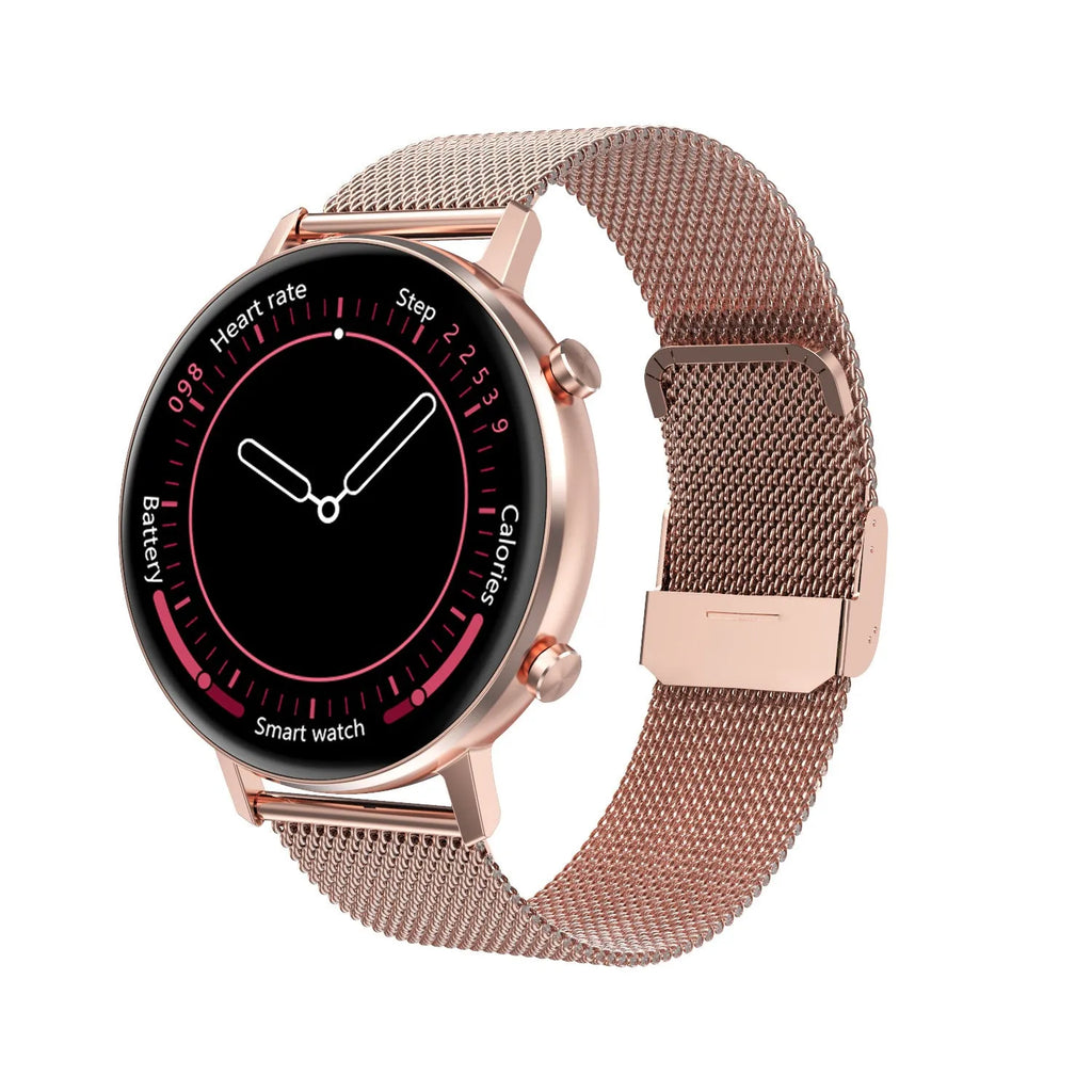 DT96 smart fitness bracelet with steel strap and 1.3-inch colour screen showing heart rate data.