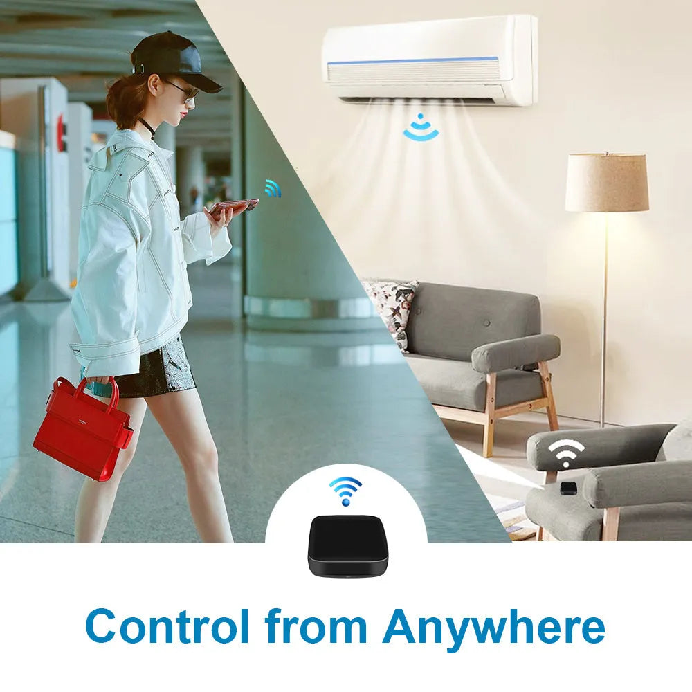 Black universal infrared remote control with voice control and WiFi connectivity