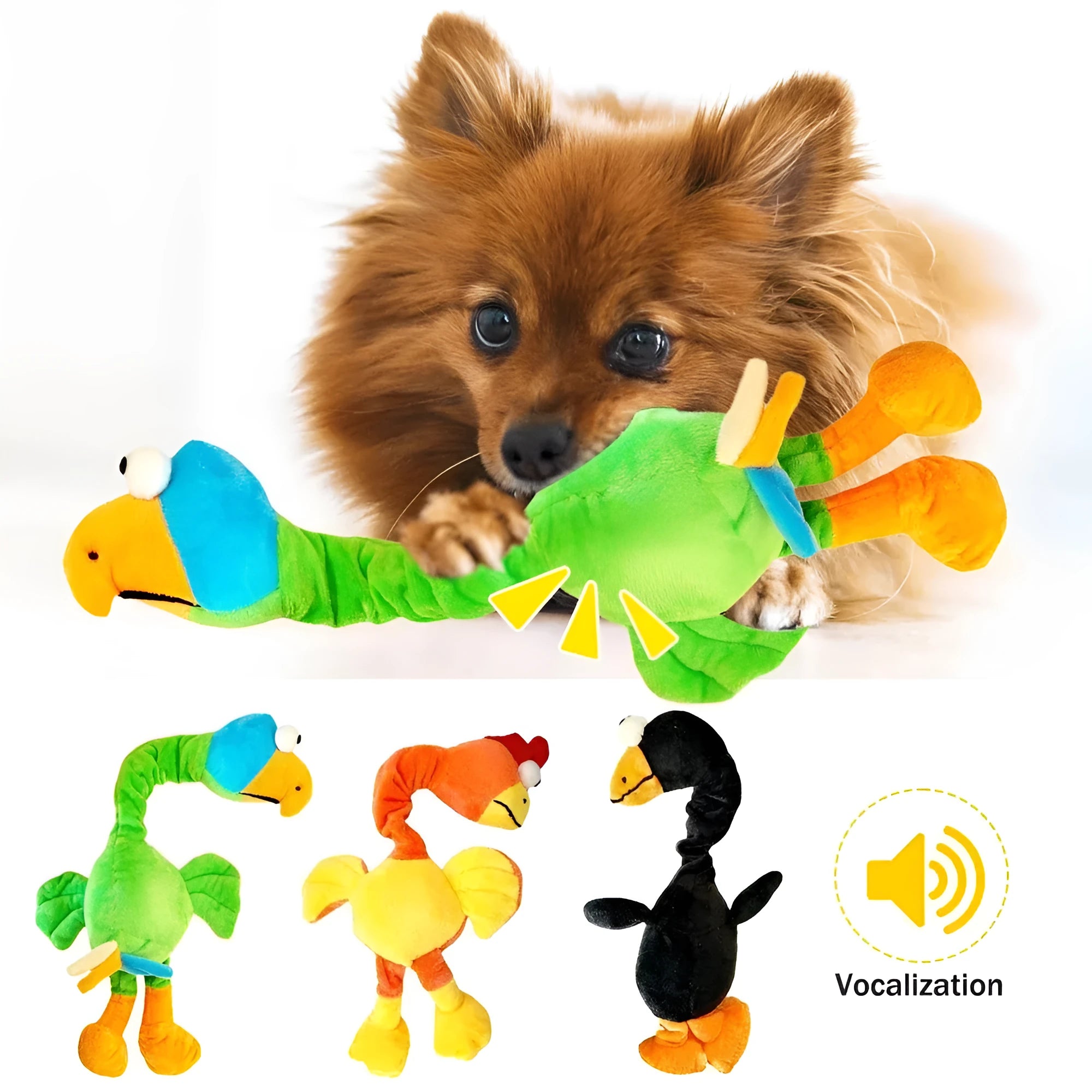 Bite-resistant screaming chicken squeaky rubber dog toy in green colour, approx 15cm long.