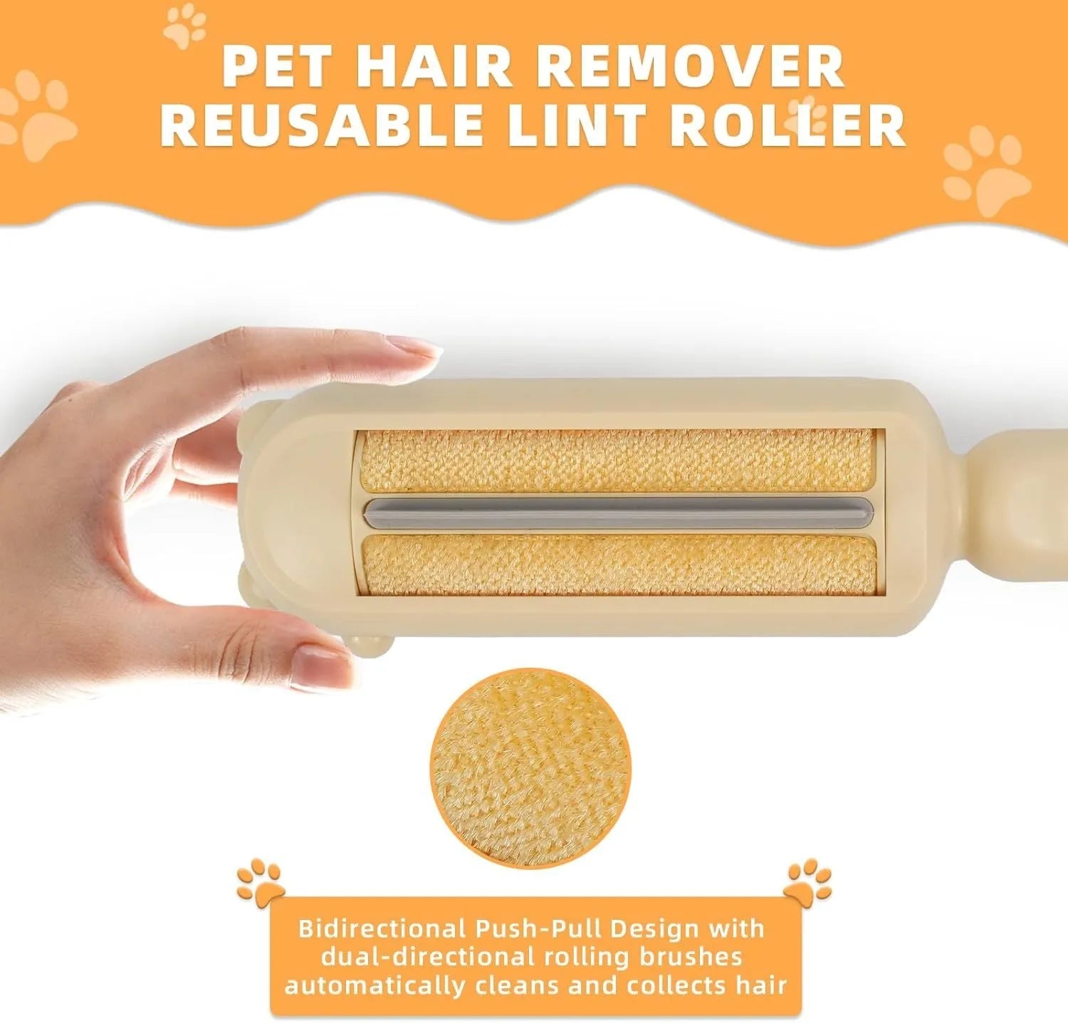 Blue pet hair remover tool with self-cleaning base on a sofa with dog fur