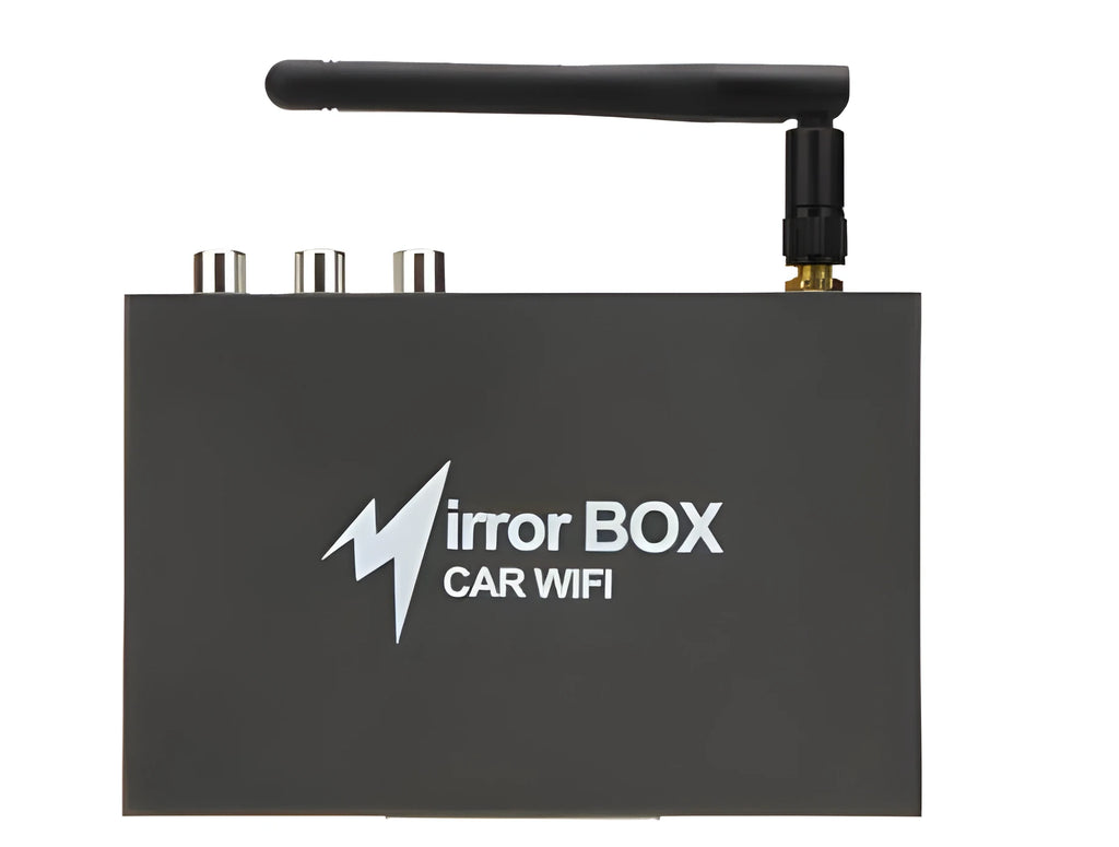 Black car mirror link Wi-Fi box with power cable, AV cable, antenna, and user manual for screen mirroring.