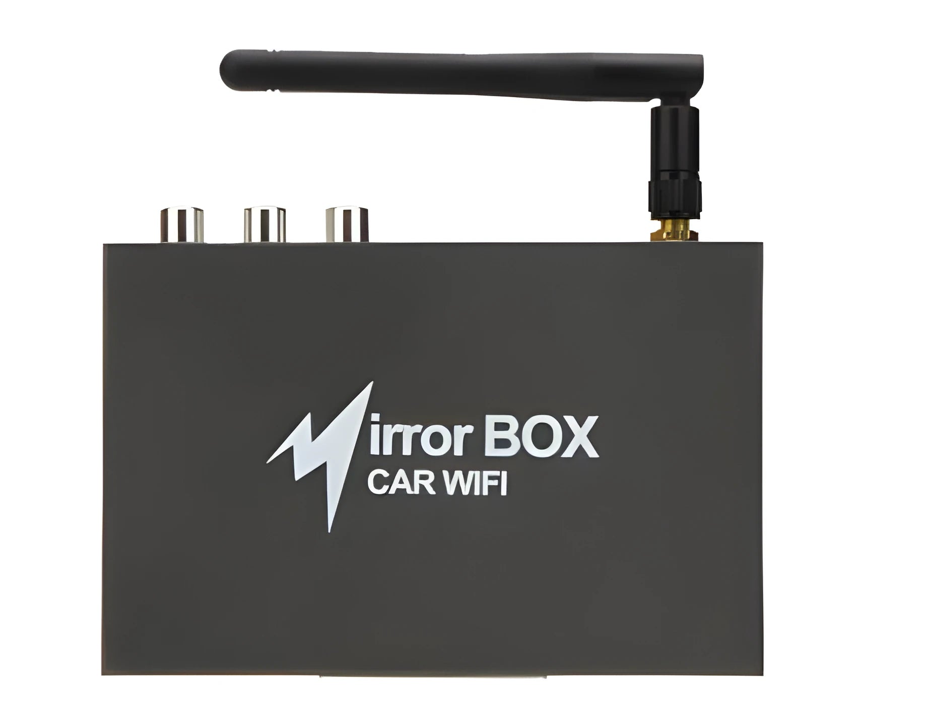 Black car mirror link Wi-Fi box with power cable, AV cable, antenna, and user manual for screen mirroring.