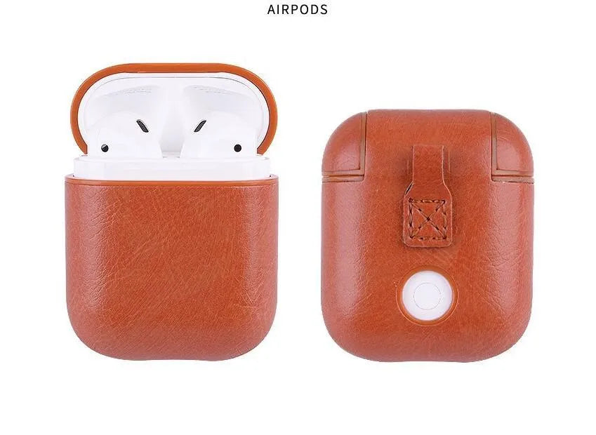 Genuine leather protective pouch for Apple AirPods charging case in black, brown, light brown, and red.