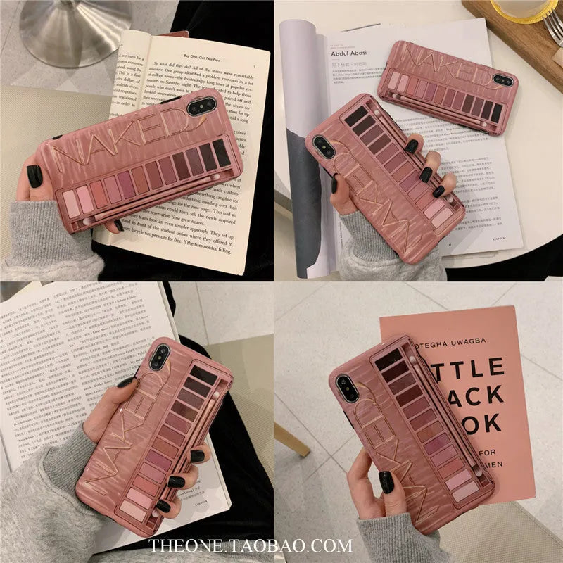 Silicone phone case with eye shadow design for iPhone, shown in flesh and grey colours.