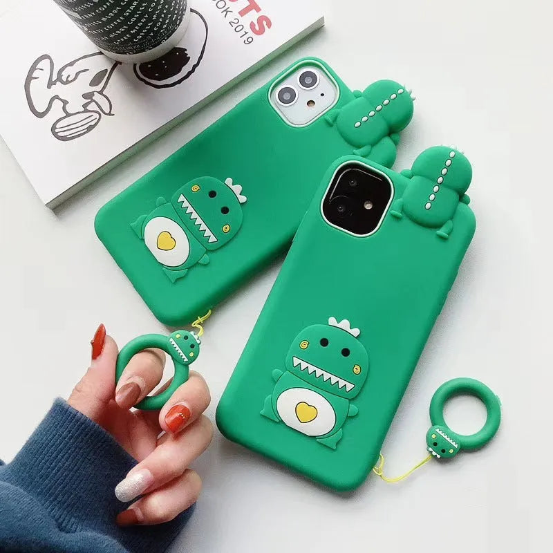 Green and yellow cartoon animal silicone back cover case for Apple iPhone models.