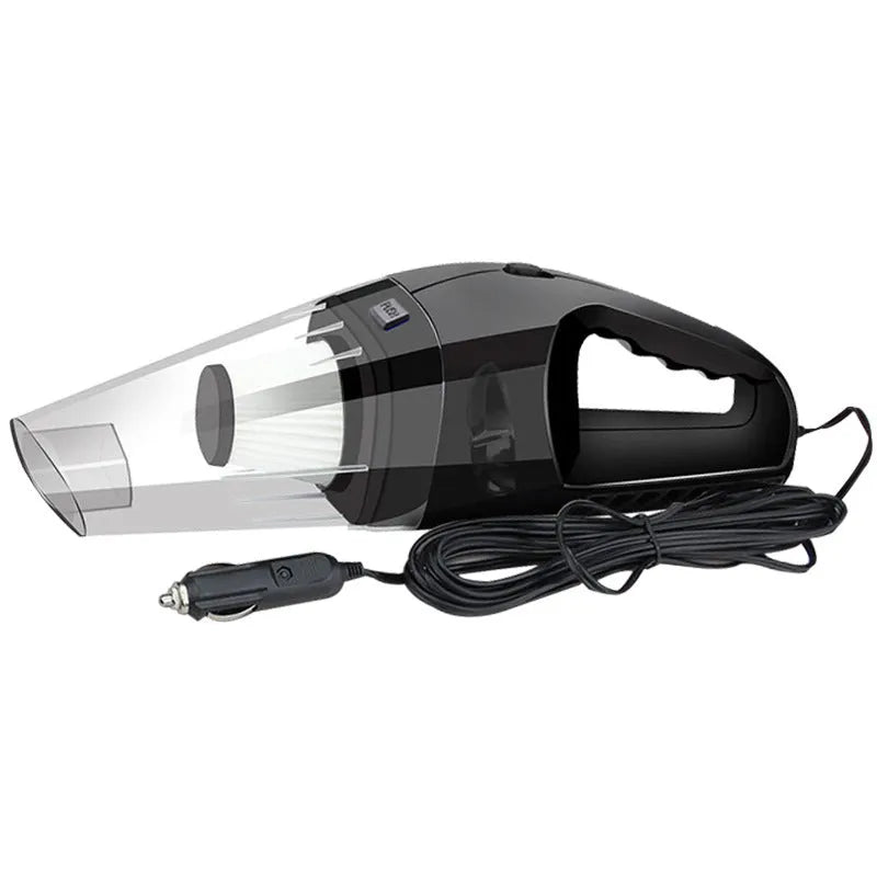 Orange and black 12V portable handheld car vacuum cleaner with nozzles on a car seat.