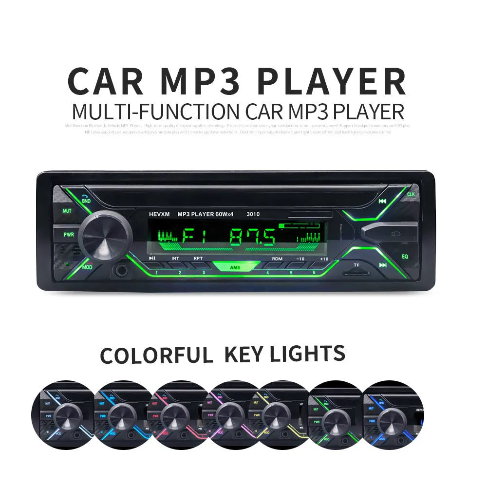 Car radio MP3 player with Bluetooth, USB slot, AUX input, and LCD display panel for 12V vehicles