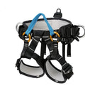 Black half body seat belt with adjustable waist and thigh straps, polyester construction, climbing holes for rescue training