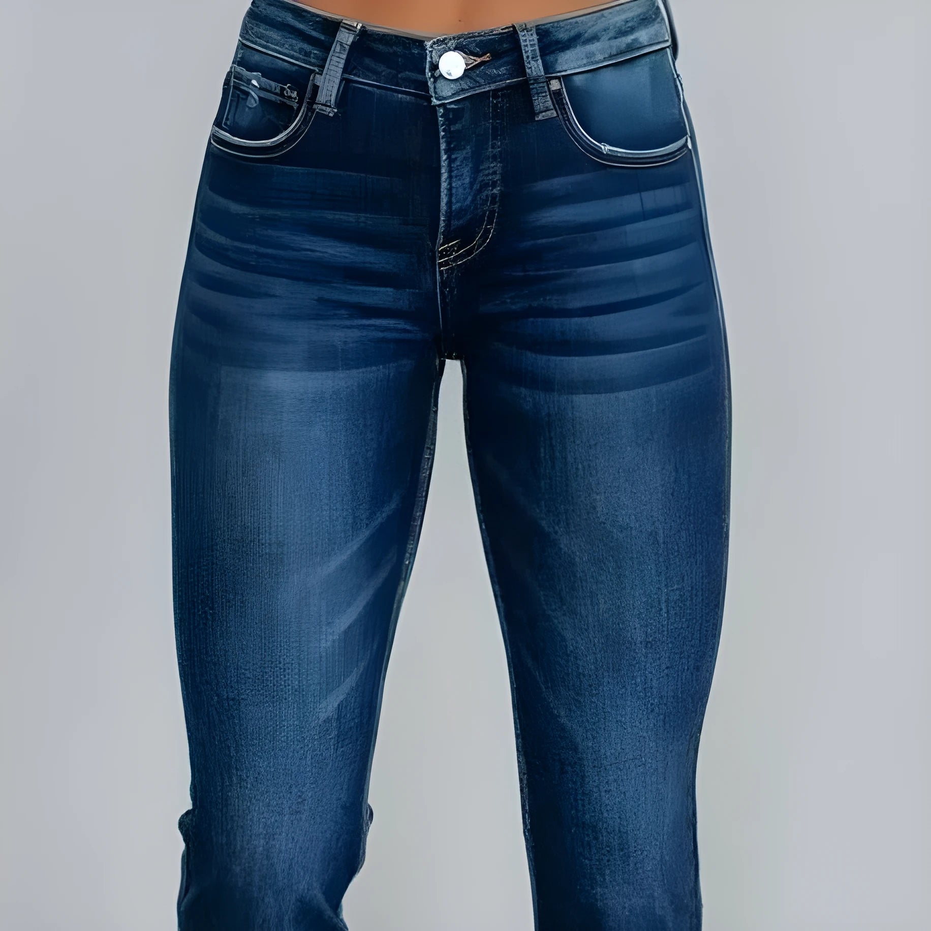 Women's solid colour denim jeans in dark blue and light blue, showing casual fit and hand-worn texture.