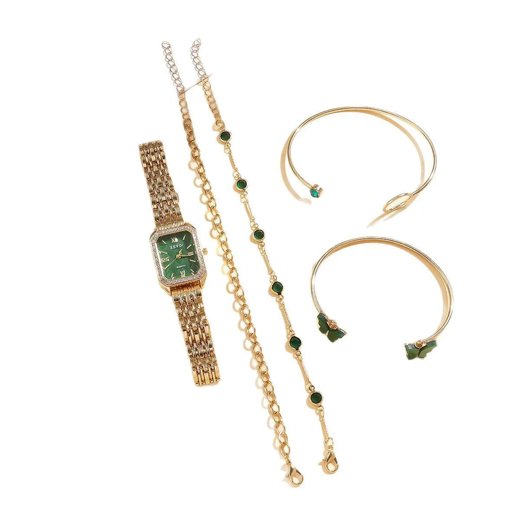Gold green square watch and four matching bracelets showing alloy construction and jewellery buckles