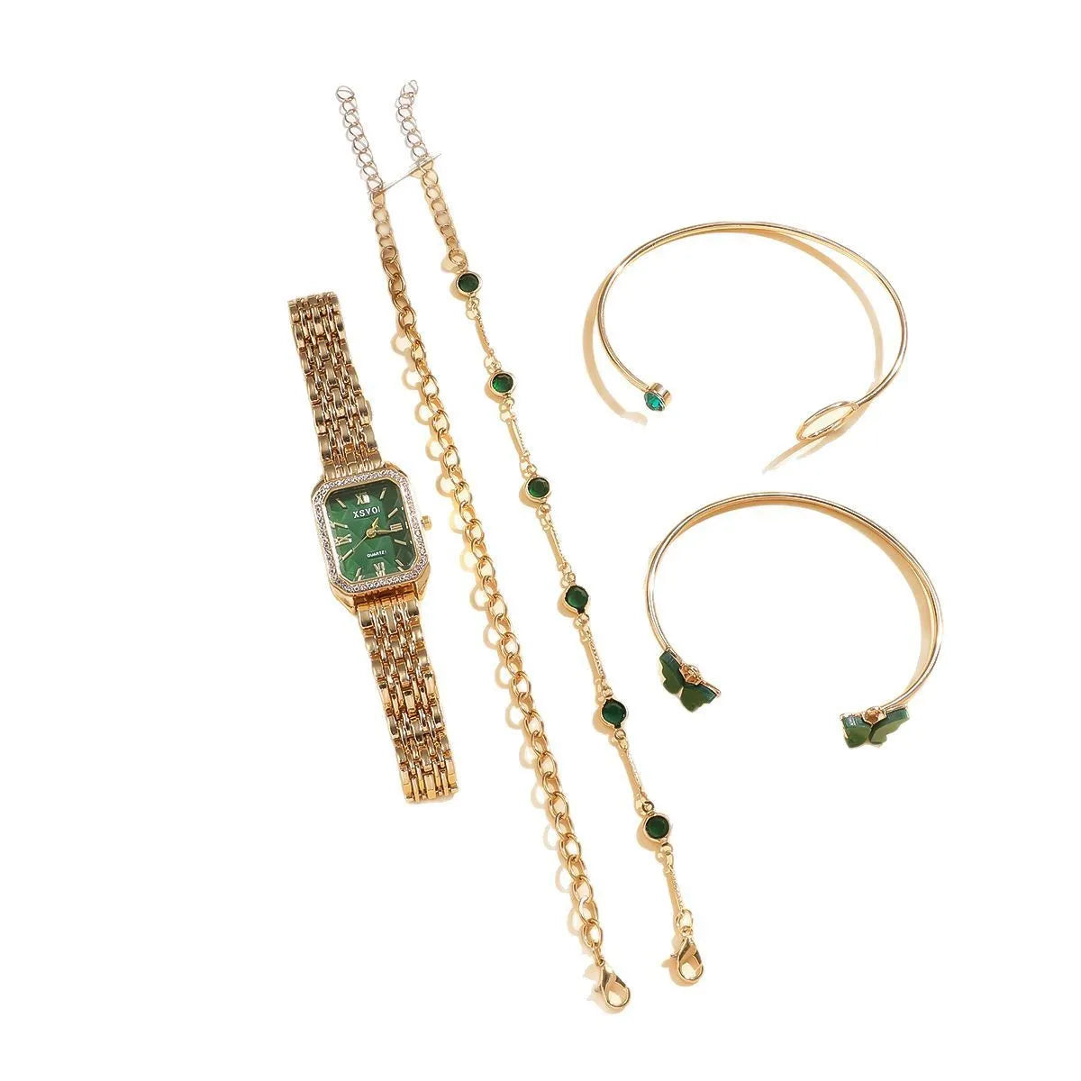 Gold green square watch and four matching bracelets showing alloy construction and jewellery buckles
