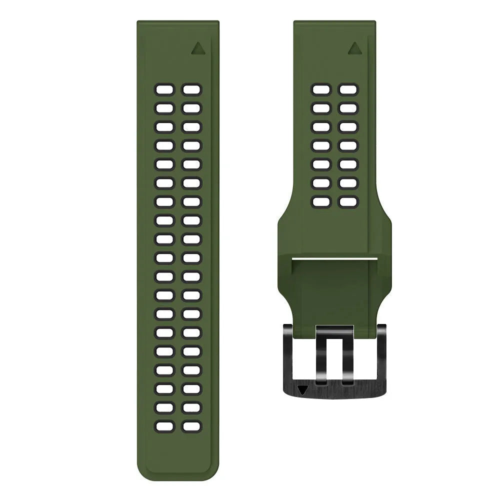 Quick release double-row hole two-colour silicone watch strap with pin buckle clasp.