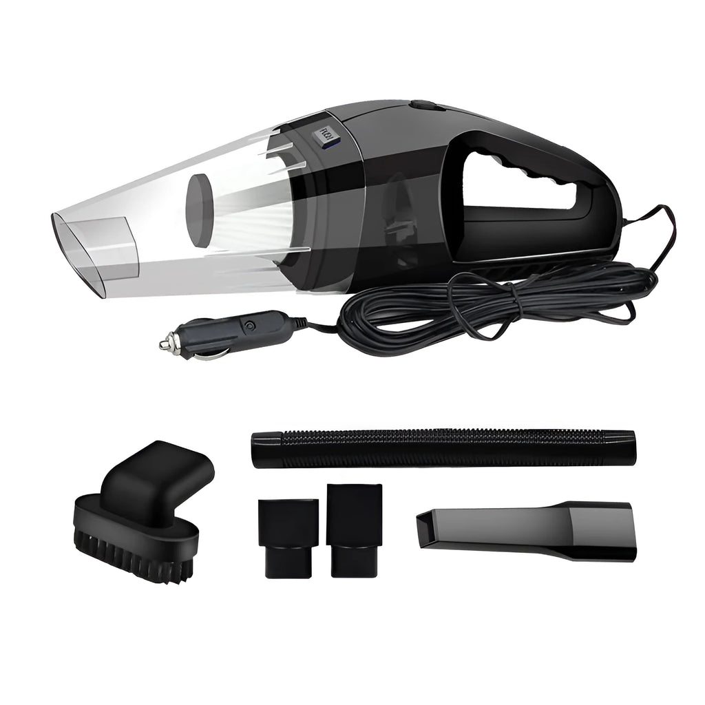 Orange and black 12V portable handheld car vacuum cleaner with nozzles on a car seat.