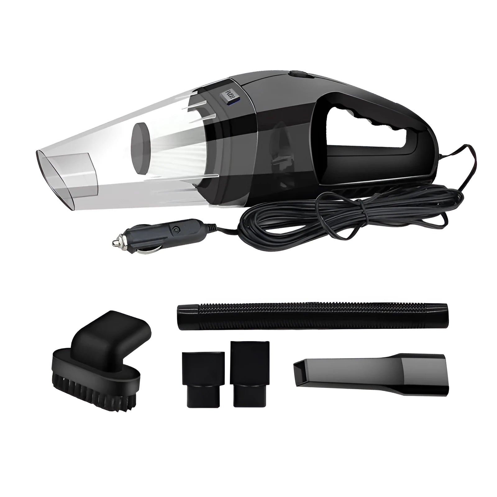 Orange and black 12V portable handheld car vacuum cleaner with nozzles on a car seat.