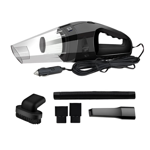 Orange and black 12V portable handheld car vacuum cleaner with nozzles on a car seat.