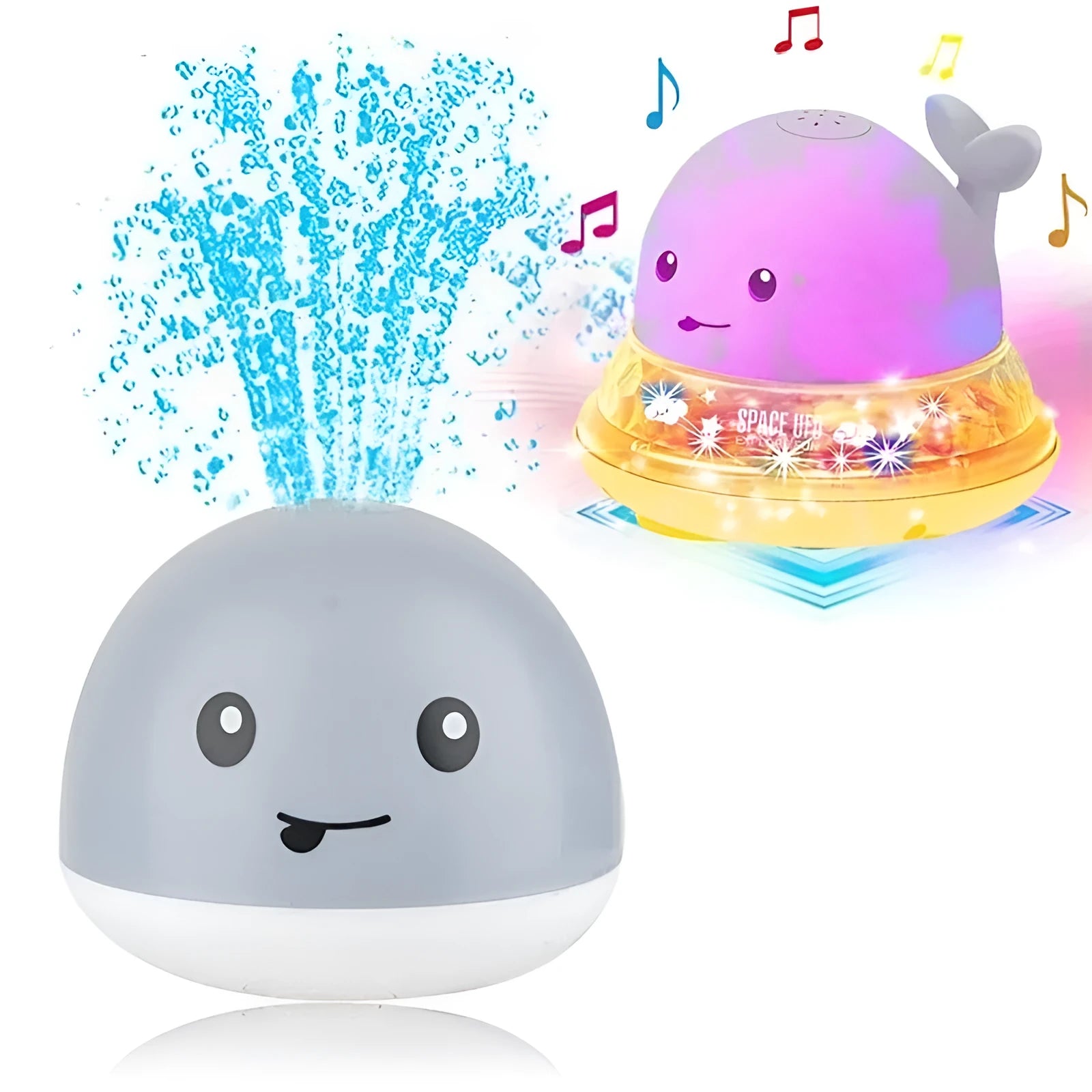 Electric whale-shaped bath toy with water spray, LED lights, and automatic water sensing for babies