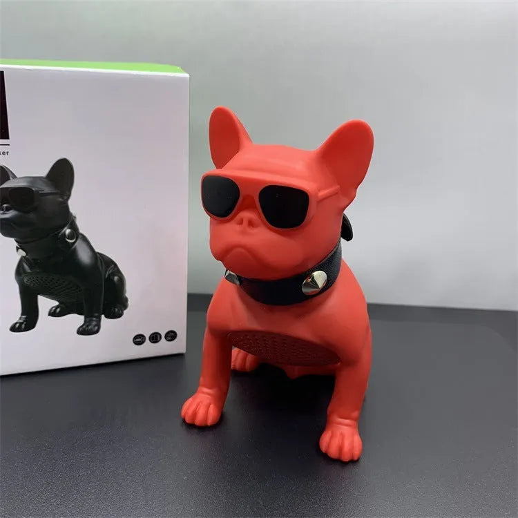 Mini bulldog-shaped Bluetooth speaker in black, red, or white colour with wireless audio connectivity