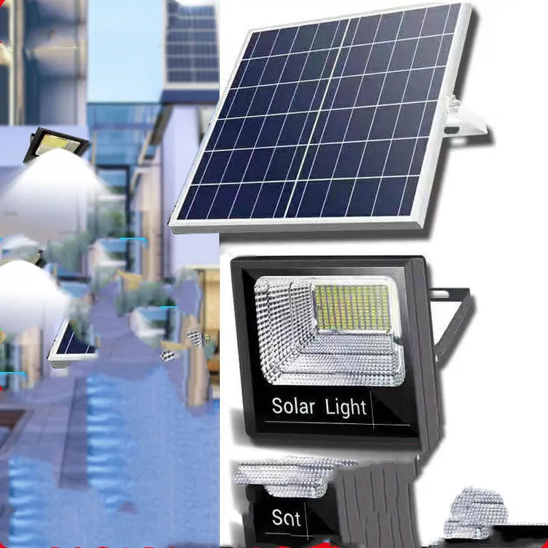 Black solar-powered outdoor flood light with multiple wattage options and IP67 waterproof rating