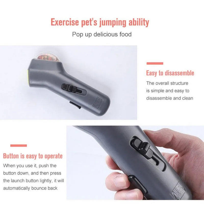Grey plastic pet treat launcher measuring 18cm long with spring trigger for dog and cat training