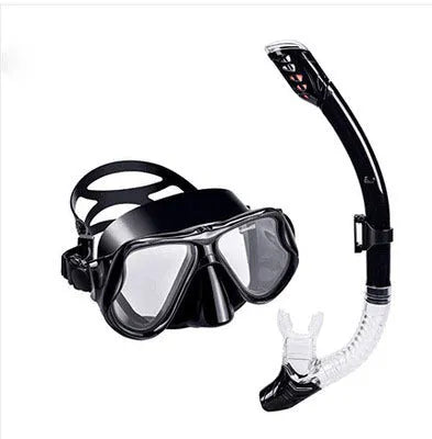 Set of black diving goggles with a PC frame, transparent glass lens, silicone mouthpiece, and adjustable strap