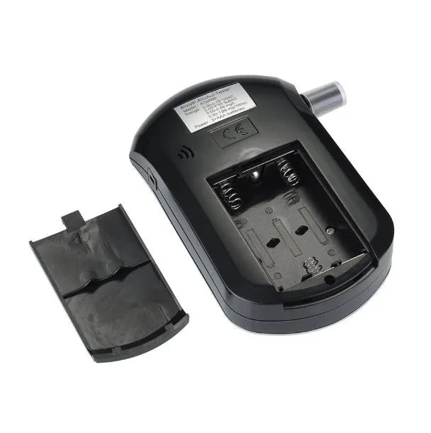 Black pen-type portable alcohol tester breathalyser with digital screen and mouthpiece.