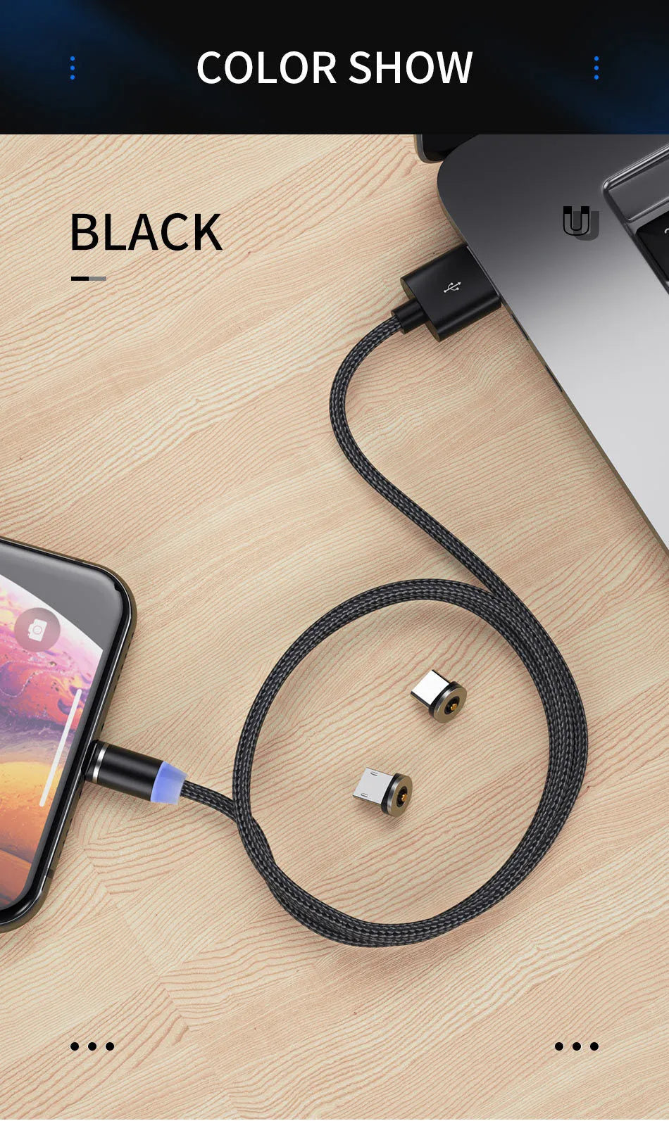 Magnetic USB cable with LED indicator in black 1m length for fast charging