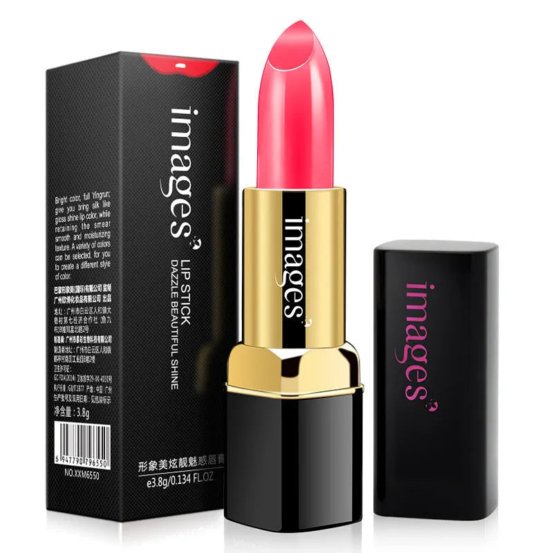 Moisturising lipstick lip gloss in a compact case, shown in coral red and other colours from the 10-shade range.