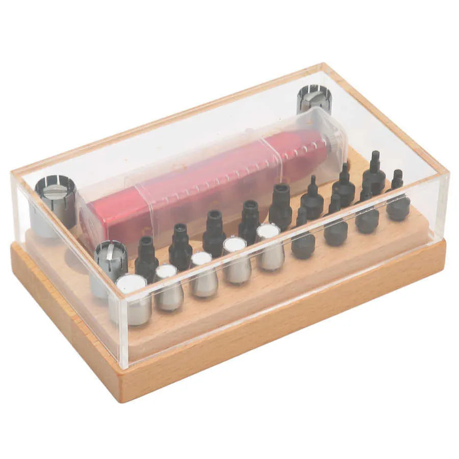20 steel watch case opening tools organised in a black rectangular storage case.