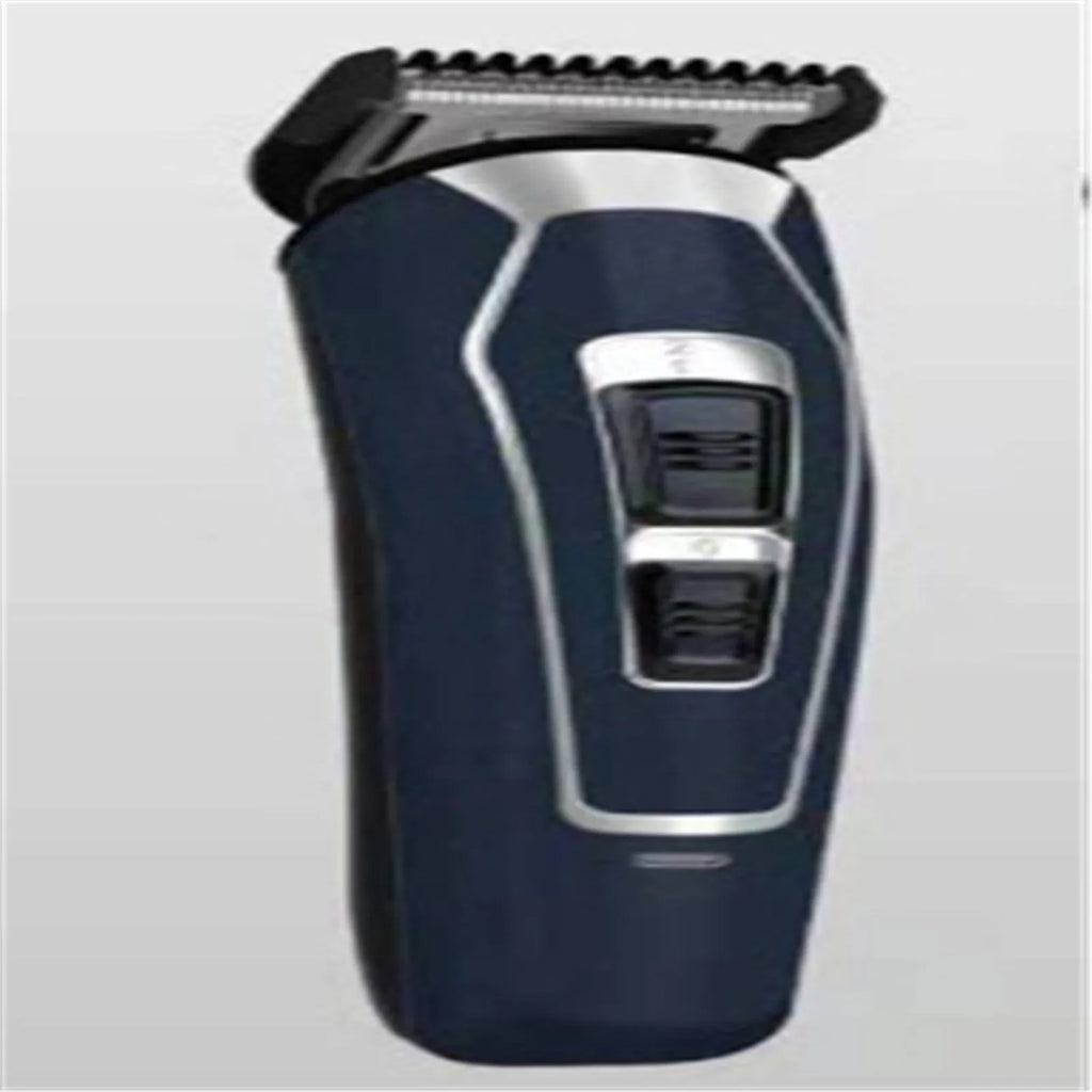 Rechargeable dark blue and coffee coloured electric hair clipper with stainless steel blades