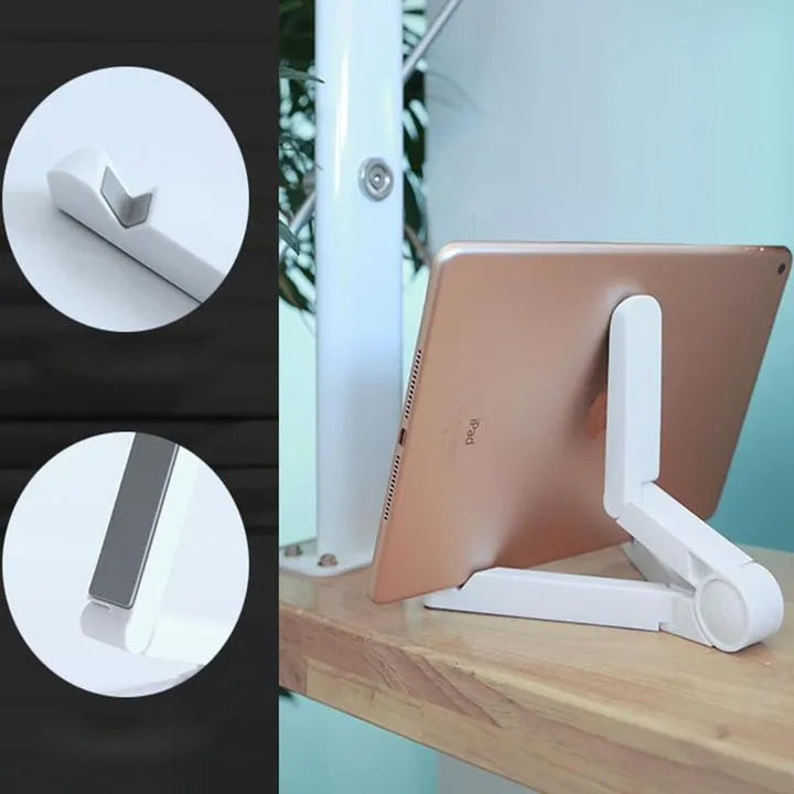 Black foldable tablet holder showing adjustable stand supporting smartphone in landscape orientation