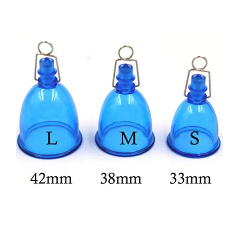 Blue silicone male physical stretch exerciser showing small, medium, and large size options.