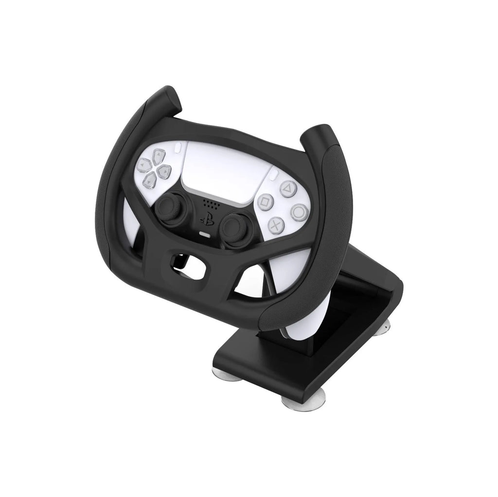 Black universal gamepad steering wheel bracket with suction cup for mounting a smartphone.
