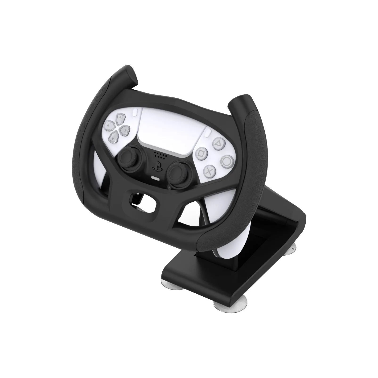 Black universal gamepad steering wheel bracket with suction cup for mounting a smartphone.