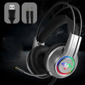 M5 gaming headset with RGB luminous design, black and silver style, over-ear wired headset with leather cushions