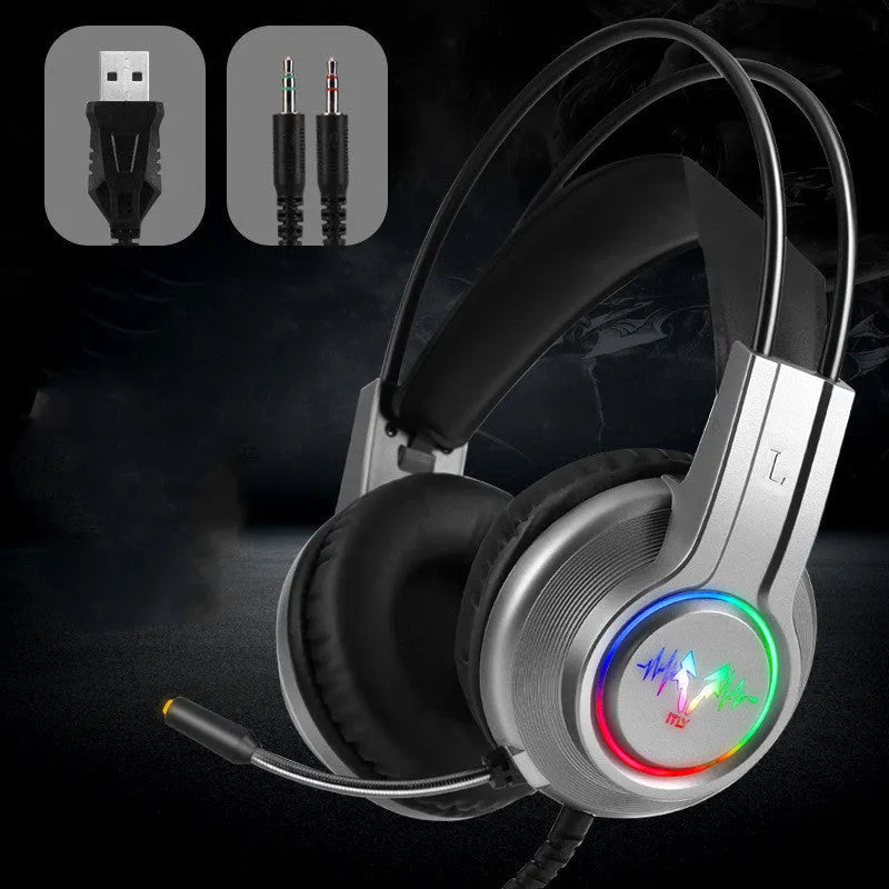 M5 gaming headset with RGB luminous design, black and silver style, over-ear wired headset with leather cushions