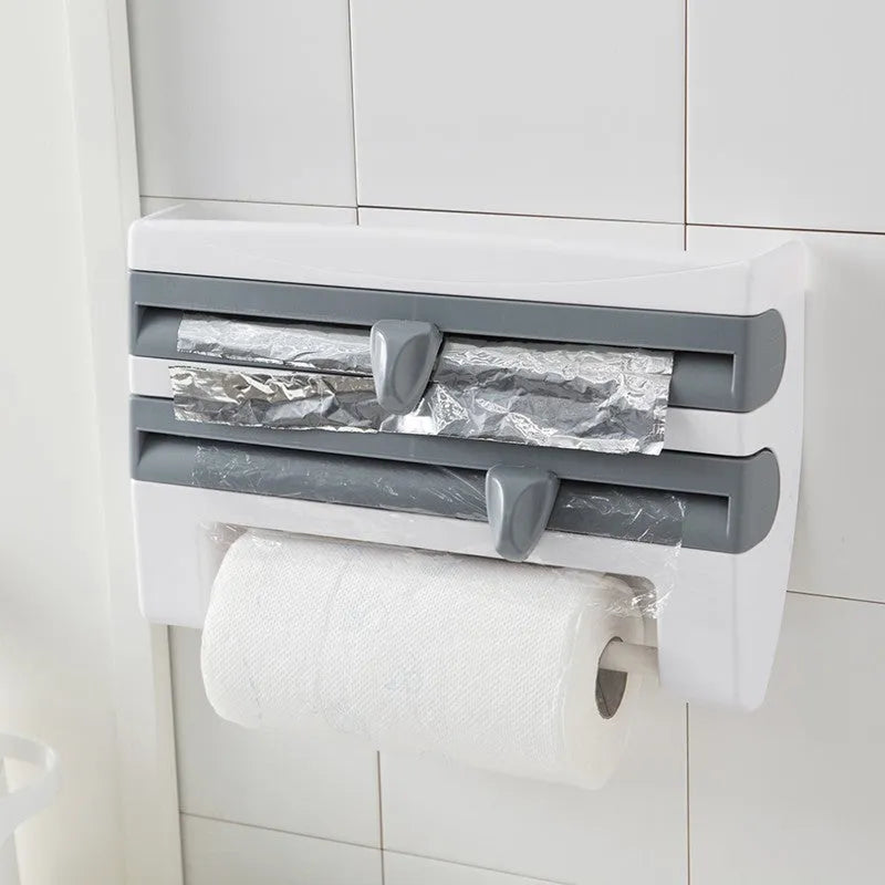 4-in-1 wall-mounted ABS kitchen roll holder dispenser for cling film, foil, tissue and paper towels, 39x10x24cm, in white