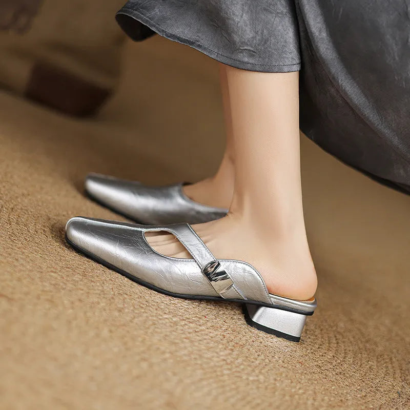 Leisure low heel slippers with square toe in black, beige, and silver on rubber sole.