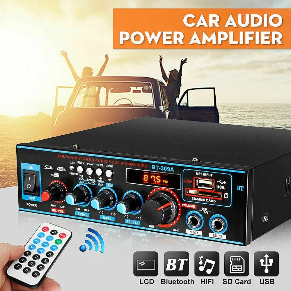 BT-309A-A black power amplifier with Bluetooth and FM functions for home and car audio systems